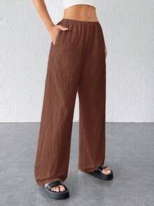 SHEIN PETITE 女士纹理简约宽松阔腿裤 - 棕色 - 查看 7