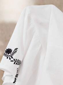 Boho Mama 孕妇花卉刺绣系带休闲度假长袖衬衫 - 黑與白 - 查看 7