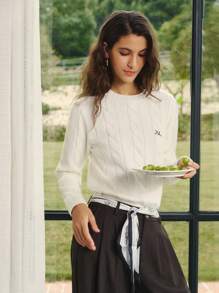 Briarwyn 女士刺绣扭结针织套头毛衣，休闲百搭，长袖，秋季必备，返校季，复古风格，教师适用，羊毛衫 - 米色 - 查看 5