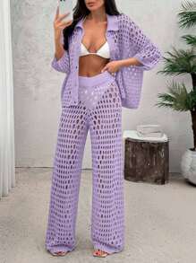 EURMUSE Women Hollow Out Cut Out Button Front Knit Shirt Top And Sweater Pant 2pcs Set Co-Ords Cover Up Beach Set - Lilac Purple - View 7
