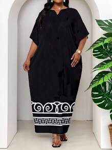 SHEIN Lady 春夏秋冬优雅黑白编织缺口长袍连衣裙加大码连衣裙邮轮装女装 - 彩色 - 查看 3