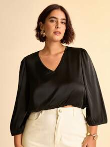 CAJUNI Plus Size Women's Elegant Black Mandarin Collar Loose Shirt,Autumn Formal Dinner Evening Tops,Simplistic Bohemian Casual Country Clothes - Black - View 5