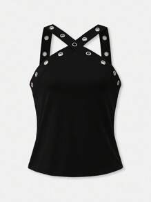 Maija Damski czarny top casualowy z ozdobnymi oczkami, uniwersalny na lato i na każdą porę roku, nowoczesny, miejski szykowny design, wygodny, dopasowany krój, ozdobny pasek w kształcie litery X, biznesowy, swobodny top streetwear z odkrytymi ramionami, bluzka uniwersalna inspirowana Y2K