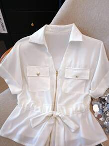 Franclia Áo sơ mi nữ cổ chữ V màu trơn có dây rút khóa kéo, mùa hè - trắng - Xem 8