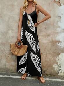 EMERY ROSE Plus Size Women's Stretchy Knit Casual/Vacation Long Dress, Comfortable Basic Cami Dress Suitable For Summer Suitable For Going Out,Holiday Outfits For Women Chic Dress,Spring - Black and White - View 4