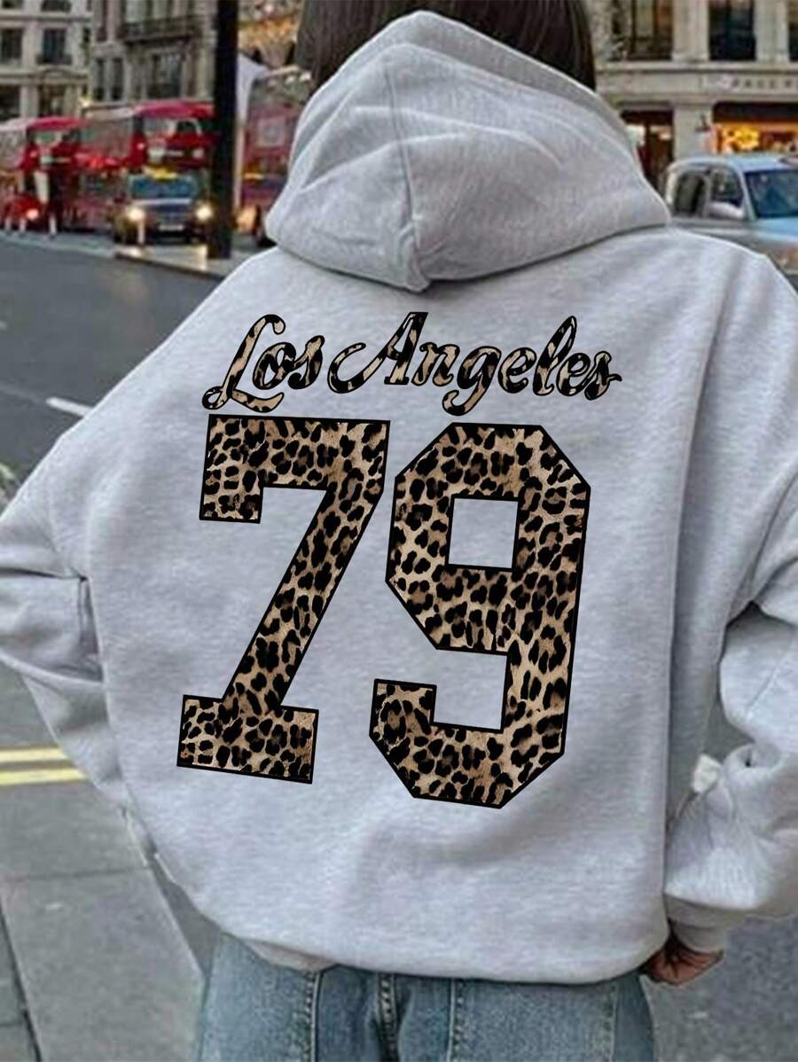 Tween Girl' Casual Fashionable Grey 79 Leopard Print & Letter Slogan Graphic Drawstring Sweatshirt Leopard Print Sweatshirt Grey Sweatshirt Tween Girl Sweatshirt Teen Sweatshirt Y2k Sweatshirt Fall Winter - Light Grey - View 1