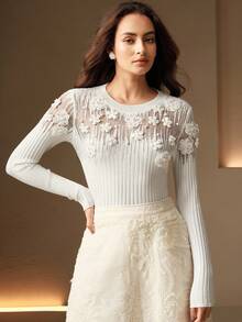 Anewsta Elegant French Luxury Beaded 3D Floral Rhinestone Decorated Sexy Crew Neck Sweater - White - View 8