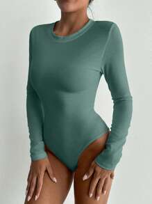 EURMUSE Solid Slim Fit Bodysuit - Olive Green - View 3