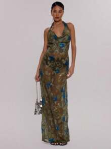 MUSERA Elegantes, sexy Maxikleid mit Wasserfallausschnitt, floralem Muster, schulterfreiem Besatz und lockerer Passform – perfekt für Sommerhochzeiten, Geburtstage, Abschlussbälle und Schulabschlussfeiern. - Dunkelgrün - Übersicht 1
