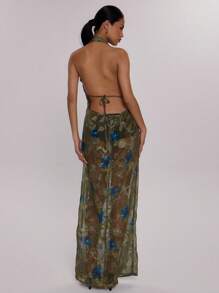 MUSERA Elegantes, sexy Maxikleid mit Wasserfallausschnitt, floralem Muster, schulterfreiem Besatz und lockerer Passform – perfekt für Sommerhochzeiten, Geburtstage, Abschlussbälle und Schulabschlussfeiern. - Dunkelgrün - Übersicht 3