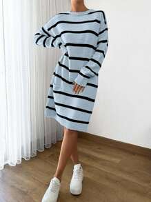 SHEIN Cottnline Women Striped Knit Design Knit Dress With Pocket And Button Details,Petite - Blue - View 3