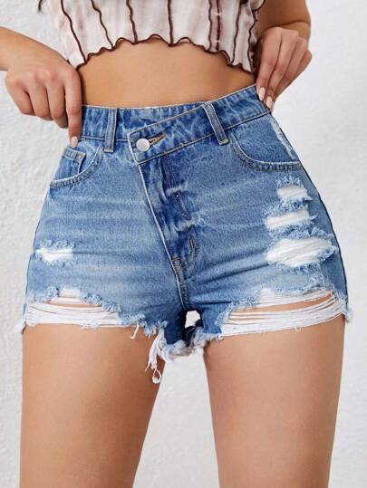 SHEIN ICON 大码女式无弹性不对称扣合身破洞牛仔短裤