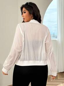 SHEIN EZwear 大码女式纯色长袖拉链领飞行员夹克秋冬女装 - 白色 - 查看 2