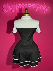 Slaydiva New Style Early Autumn And Summer Casual Street Hottie Style Sweet Girl Style Elegant Daily Date Birthday Party POLO Collar Bowknot White Splicing Black 2 In 1 Design Multi-Layer Cake Dress Ruffle Hem A-Style Dress Mini Dress Knitted Ladies Mini Dress-A