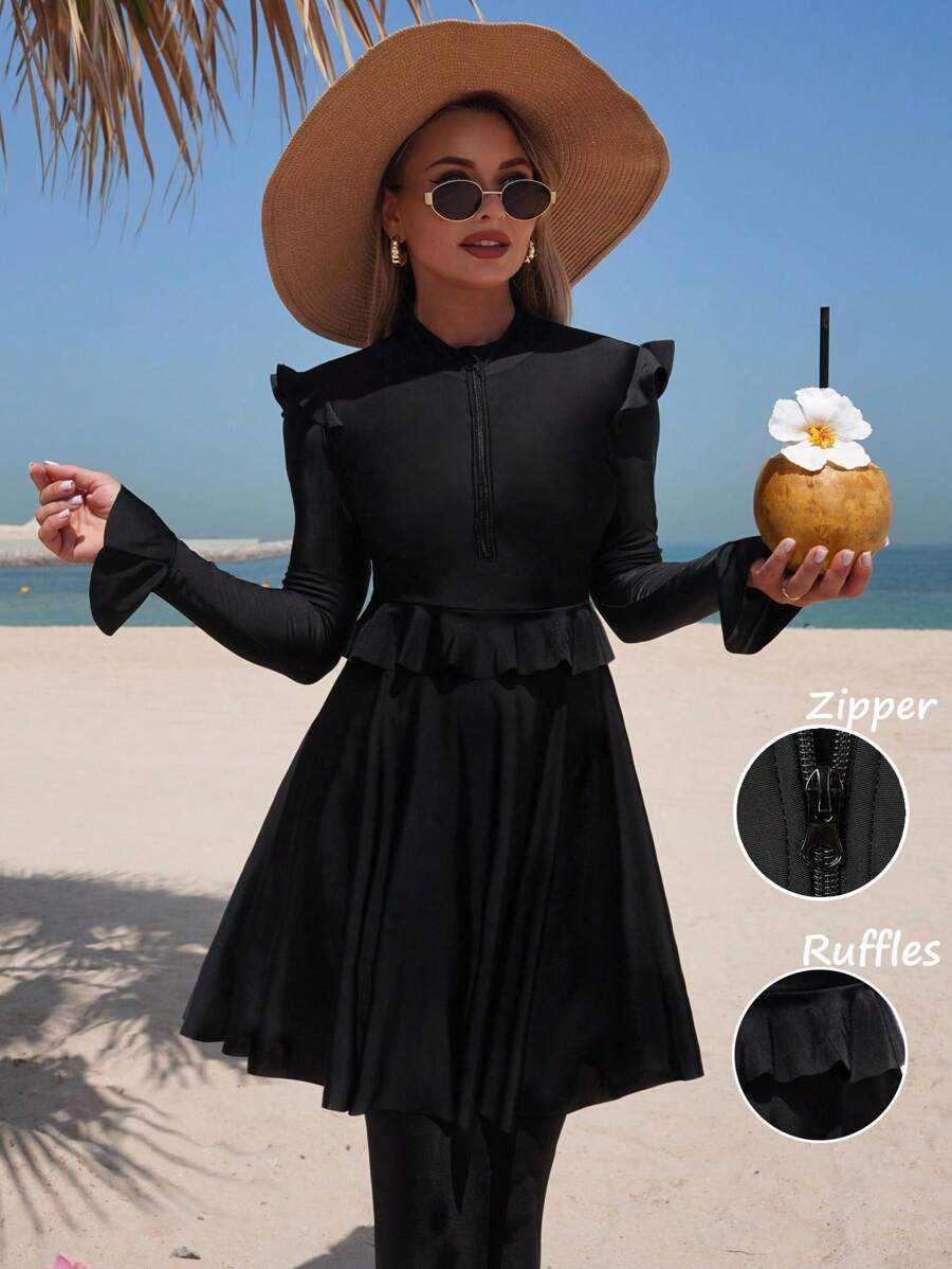 Swim Mulvari Solid Color Elegant Vacation Women's Burkini Swimsuit Set For Summer