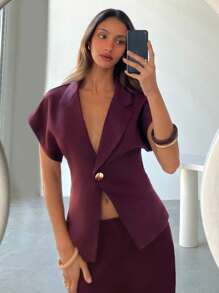 Aloruh Chaqueta de traje de manga corta roja para trabajo/oficina en otoño/invierno - Burdeos - Ver 7