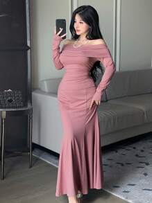 DAZY 2pcs Women Set, Casual Off Shoulder Top T-Shirt & Fishtail Skirt, Fitted And Sexy, Suitable For Spring/Summer, Autumn,Fall Women Clothes - Coral Pink - View 5