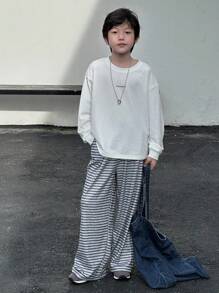 Dazy Kids 2pcs Kids Fall Outfit, Toddler Boys Loose Casual Striped Letter Print T-Shirt And Straight Leg Sweatpants Set - White - View 5