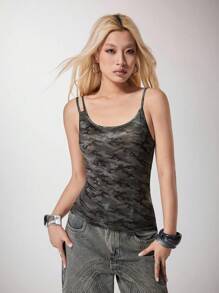 Vecteezy Olive Green Camouflage Reflective Fabric Asymmetric Design Women's Fitted Cami Top Suitable For Summer Vacation Party Everyday Camo Tank Top Women Camo Tank Top Camo Top Women Camo Top Tank Top Y2K 2000s Cute Top Back To School Club Outfits Women Sexy Going Out Tops - Army Green - View 3