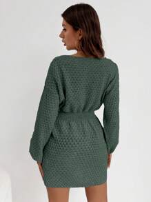 SHEIN LUNE 女式纯色圆领落肩长袖收腰休闲针织连衣裙 - 綠色 - 查看 2