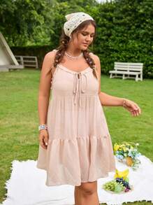 Swim Mod 大码女式单肩带多层拼接性感休闲度假沙滩裙 - 杏色 - 查看 3