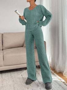 EURMUSE Pulover tricotat coordonat cu pantaloni și model cu împletitură