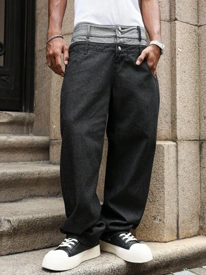 PAVTROS 男士黑色宽腰料反向车缝设计宽松直筒裤，春夏