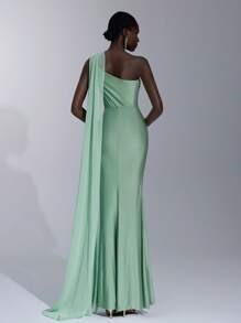 Elitara 优雅浪漫薄荷绿不对称领口垂坠荷叶边装饰紧身迷你鱼尾下摆连衣裙，适合婚礼、派对、约会、伴娘 - 綠色 - 查看 3