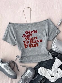 少女休闲红色女孩只想玩得开心比口号白色露肩领文字印花短腰聚拢短袖紧身裤，春夏季，基本款，日常款，百搭款，运动时尚夏季上衣，返校季，校服 - 灰色 - 查看 1