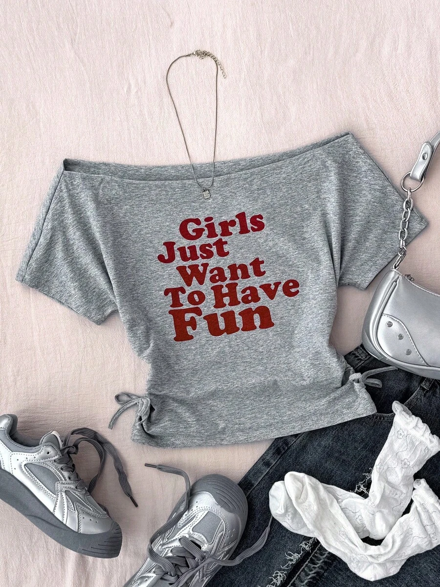 少女休闲红色女孩只想玩得开心比口号白色露肩领文字印花短腰聚拢短袖紧身裤，春夏季，基本款，日常款，百搭款，运动时尚夏季上衣，返校季，校服 - 灰色 - 查看 1