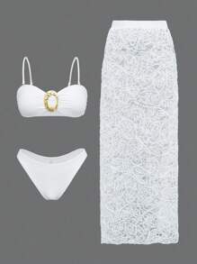 Swim Oasis 3 peças/Conjunto Mulheres Verão Praia Casamento Cropped Branco com Detalhe Dourado, Calcinha de Maiô Bikini Triângulo e Saia Longa, Traje de Banho de Luxo - Branco - Visão 1