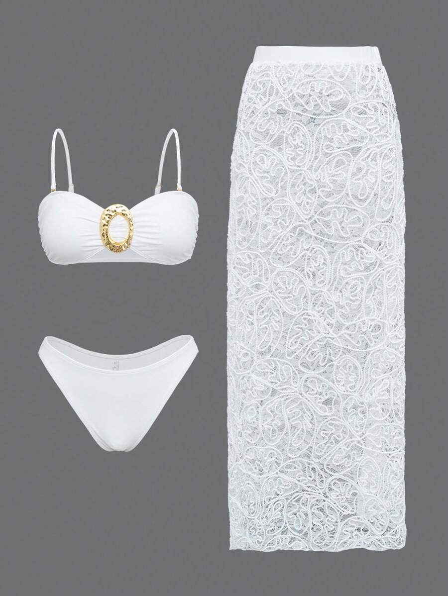 Swim Oasis 3 peças/Conjunto Mulheres Verão Praia Casamento Cropped Branco com Detalhe Dourado, Calcinha de Maiô Bikini Triângulo e Saia Longa, Traje de Banho de Luxo - Branco - Visão 1