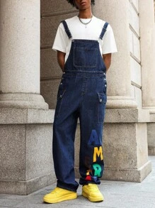 PAVTROS 男士休闲街头字母印花翻盖口袋牛仔背带裤 - 中等水洗藍 - 查看 4