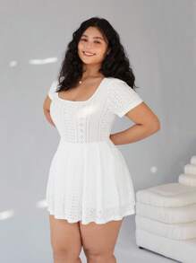 Solflare Traje de una pieza casual de manga corta y color liso para mujer talla grande, para vacaciones en la playa, uso diario, ropa primavera-verano - Blanco - Ver 5