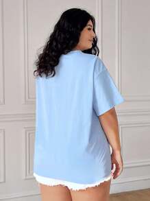SHEIN EZwear Áo thun ngắn tay cỡ lớn, thêu hoa cúc xanh dương, thích hợp cho kỳ nghỉ biển, mùa xuân hè. - Màu xanh lam - Xem 3