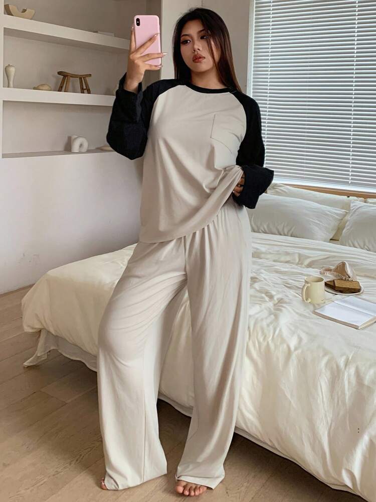 Dazy Plus 2pcs Plus Size Women Colorblock Loose Fit Long Sleeve Top & Pants Pajama Set, Homewear, Fall Winter Clothes, Cozy Outfits