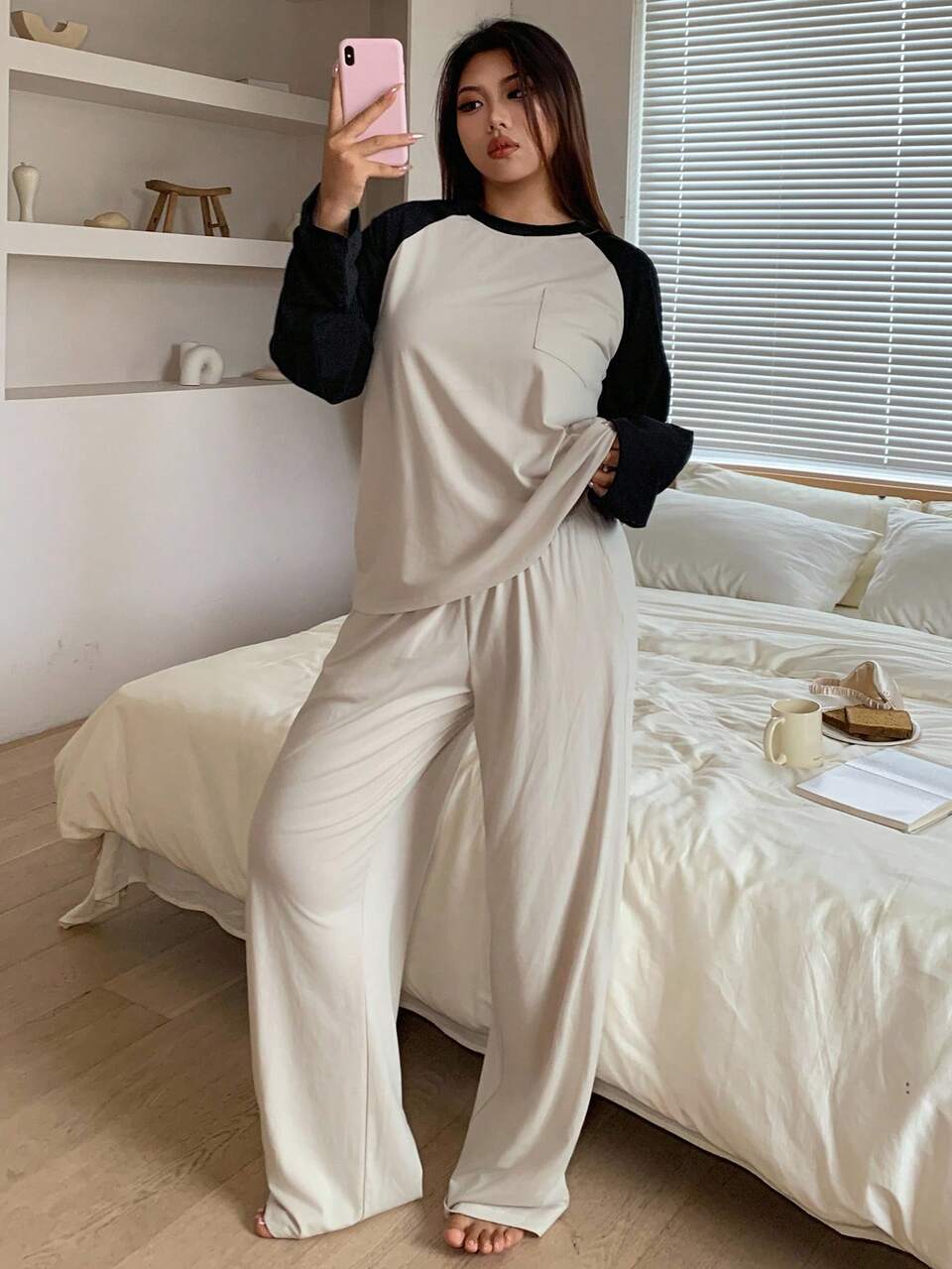 Dazy Plus 2pcs Plus Size Women Colorblock Loose Fit Long Sleeve Top & Pants Pajama Set, Homewear, Fall Winter Clothes, Cozy Outfits