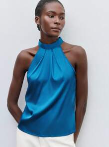 Maija Tie Back Satin Halter Neck Blouse Workwear,Sleeveless Tops,Autumn Outfits For Women - Teal Blue - View 5