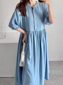 FRIFUL 女式长款牛仔褶皱连衣裙，宽松版型 - 中等水洗藍 - 查看 6