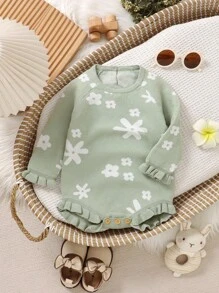 Baby Girls Sweet Princess Style Green Floral Jacquard + Ruffled Round Neck Long Sleeve Bodysuit Fall Winter - Green - View 4