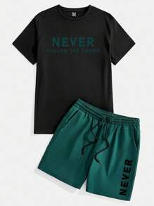 Manfinity Homme 男士休闲字母印花T恤和短裤套装，夏季 - 彩色 - 查看 3