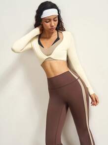 VARSIVA Camiseta de manga larga cropped de gimnasio de color liso con un corte ajustado y detalle de lazo en la cintura - Albaricoque - Ver 6