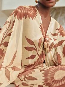 Aveloria Women Floral Print Chiffon Loose Two Pieces Set, Bat Wing Sleeves, Casual & Suitable For Holiday, 2pcs Women Chiffon Top & Vintage Floral Print Skirt Set, Bohemian Holiday Outfit Fall Women Clothes Fall Outfits Women Fall Autumn Clothes - Apricot - View 11