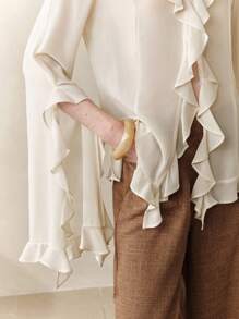 Chiquease 女士波西米亚风雪纺轻盈荷叶边不对称法式浪漫宽松长袖衬衫，白色上衣，夏季上衣，女士衬衫，女士夏季，飘逸上衣，职业女性，复古风格，女士夏季，可爱夏季上衣，女士外出上衣，女士办公室，飘逸上衣，秋季 - 杏色 - 查看 9