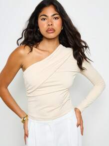 AiiRZ 单肩褶皱修身长袖短款上衣不对称设计优雅晚会俱乐部专业办公室着装时尚前卫个性单品秋冬 - 奶油色 - 查看 1