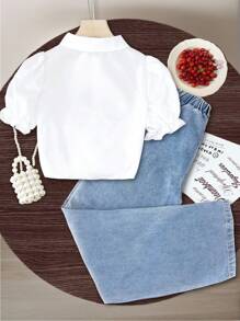 2Pcs Big Girl White Short Sleeve Polo Collar Cherry Print Shirt + Drooping Sense Tencel Denim Long Pants Set, Casual Commuting School Style - White - View 2