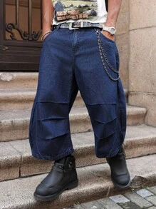PAVTROS Manfinity Streetrush Modern Men's Navy Blue Denim Wide Leg Pants. Elevate Your Street Style With These Avant-Garde Baggy Jeans, Crafted For A Distinctive And Comfortable Oversized Fit. - Navy Blue - View 6