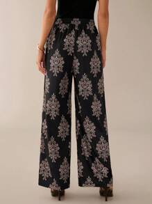 Lilora Women's Vintage Black And Red Print Flared Leg Pants,Boho Wide Leg Pants For Autumn, Elegant Urban Leisure Vacation Holiday Pants - Black - View 2