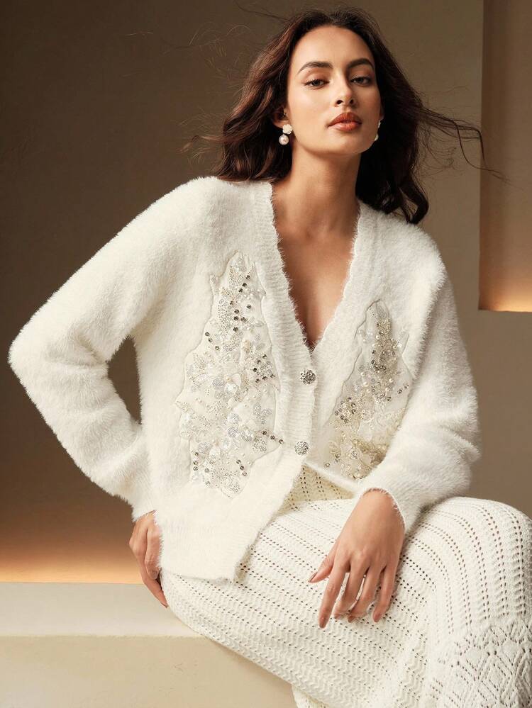 Women's Elegant French Style Soft Lace Beaded Cardigan, Autumn/Winter