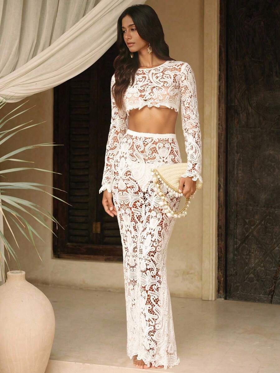 Swim Chiccia 女式波西米亚风蕾丝边罩衫和裙子两件套，长袖，优雅休闲，适合春夏海滩度假派对，象牙色，全白派对装 - 白色 - 查看 1